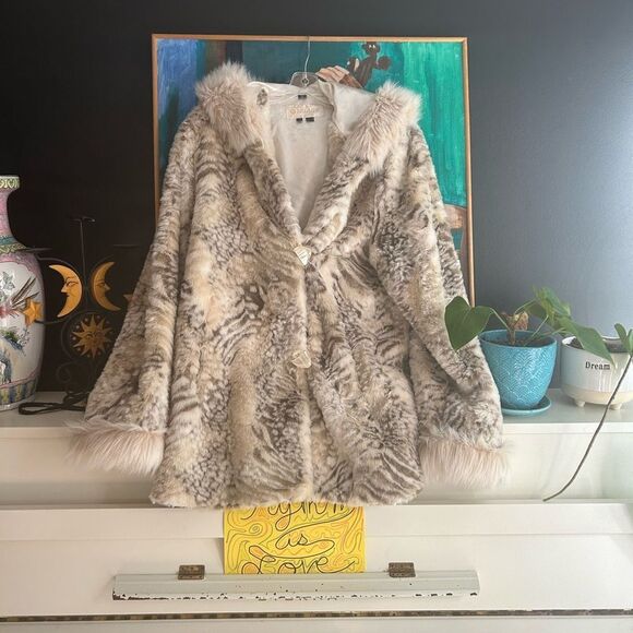 VTG! Nuage Collection Cream Faux Fur Hooded Coat Tiger Print L/G 90s Cozy Glam - Picture 2 of 15